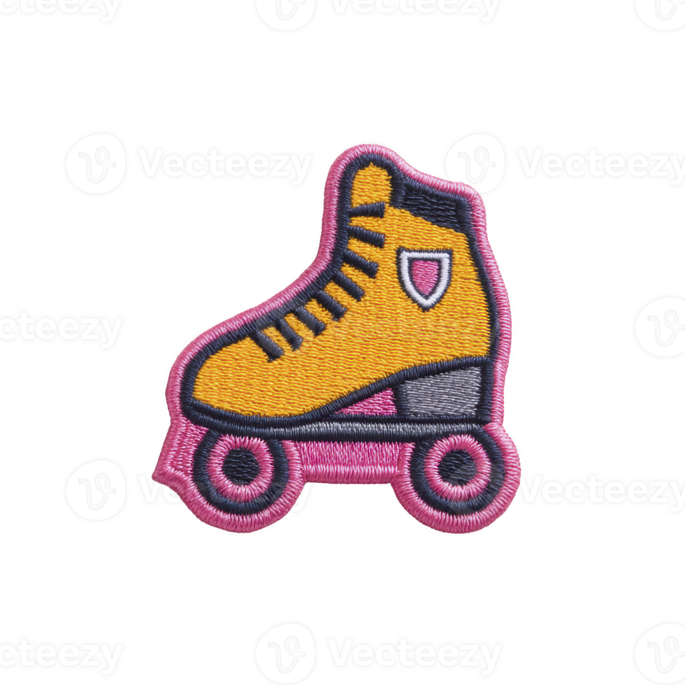 Colorful embroidered patch of yellow roller skate with pink wheels and pink border, featuring playful design. patch is isolated transparency background, showcasing its vibrant colors and detailed png
