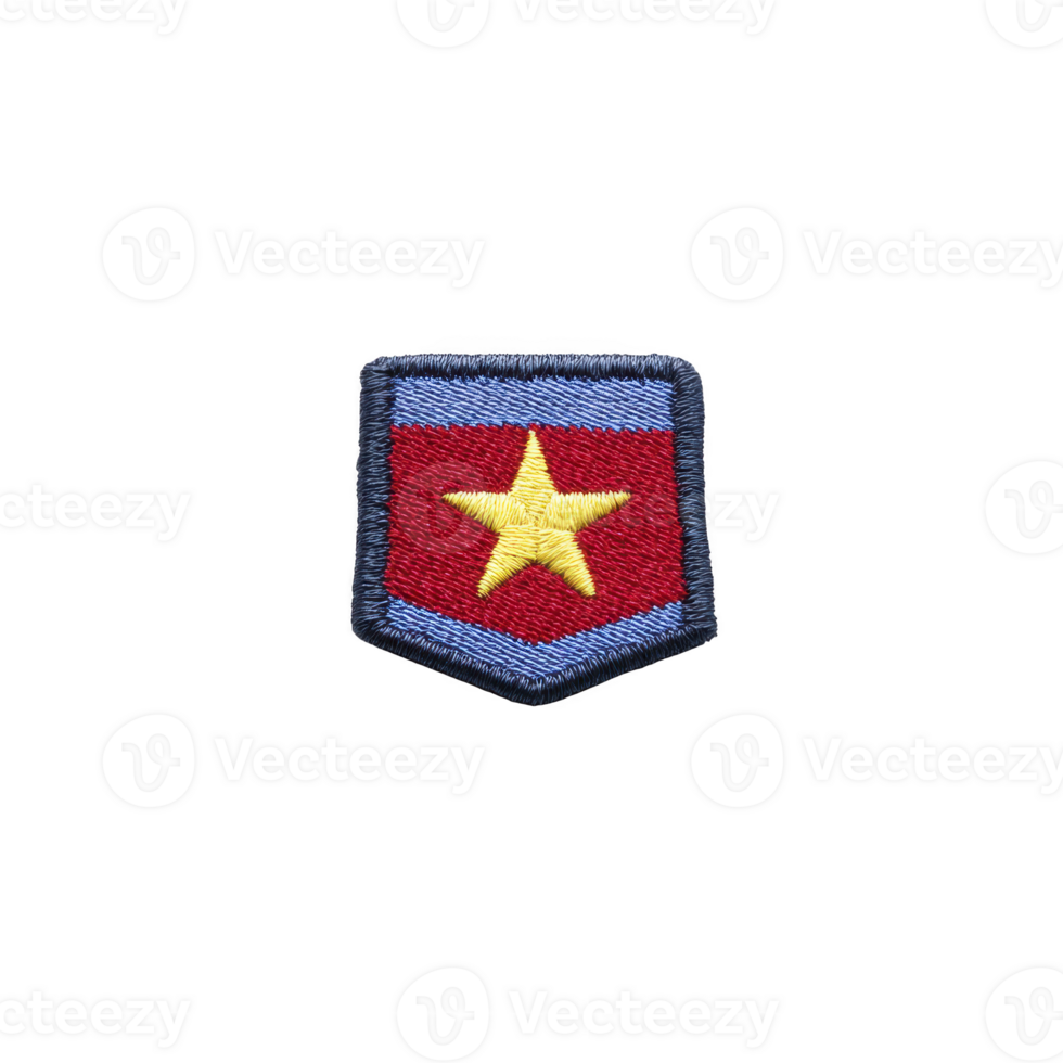 Colorful embroidered patch features yellow star on red background, bordered by blue. patch is shield shaped, symbolizing achievement or rank png