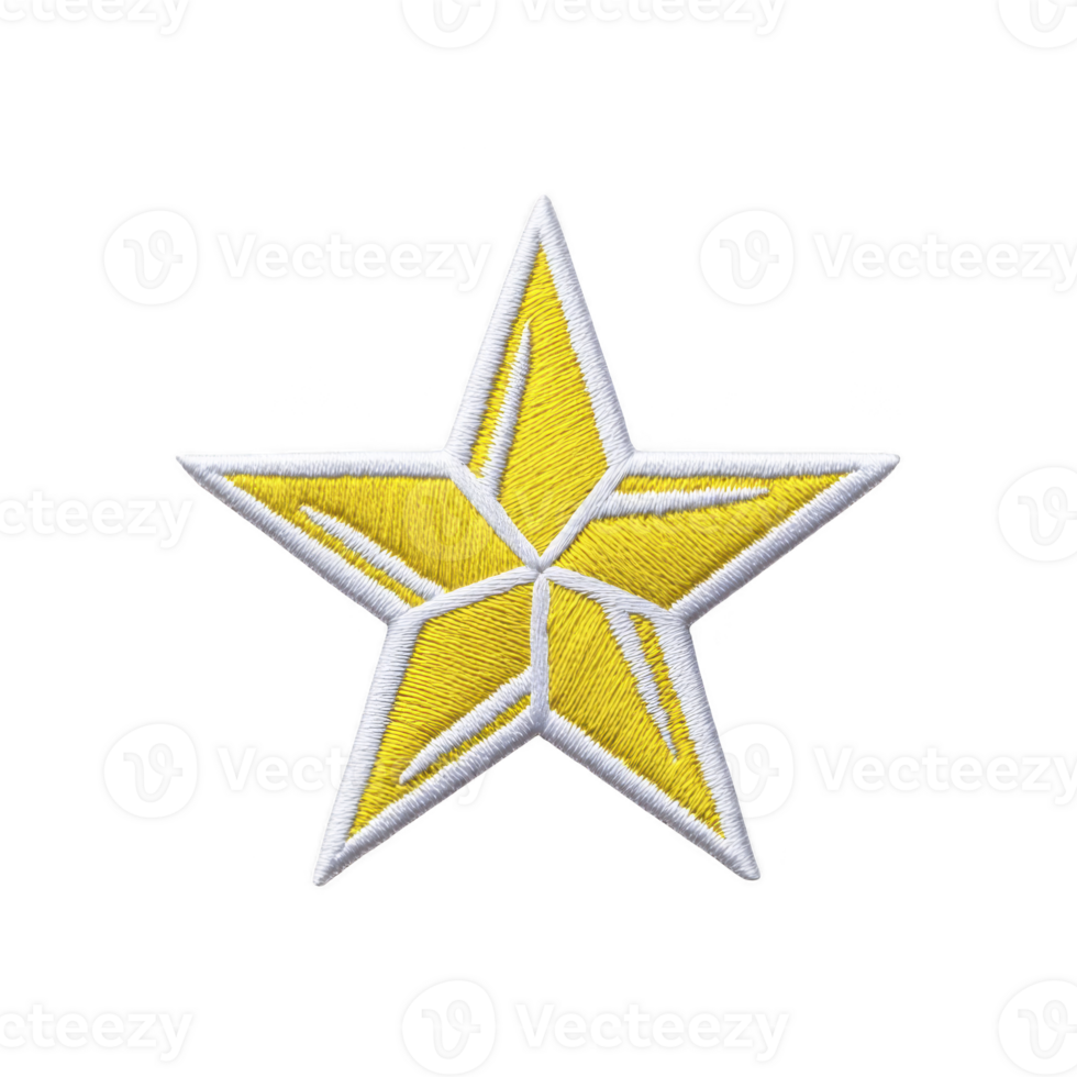 Yellow embroidered star patch with white edges, featuring five pointed design. patch is suitable for clothing decoration, adding playful and creative touch to garments or accessories png