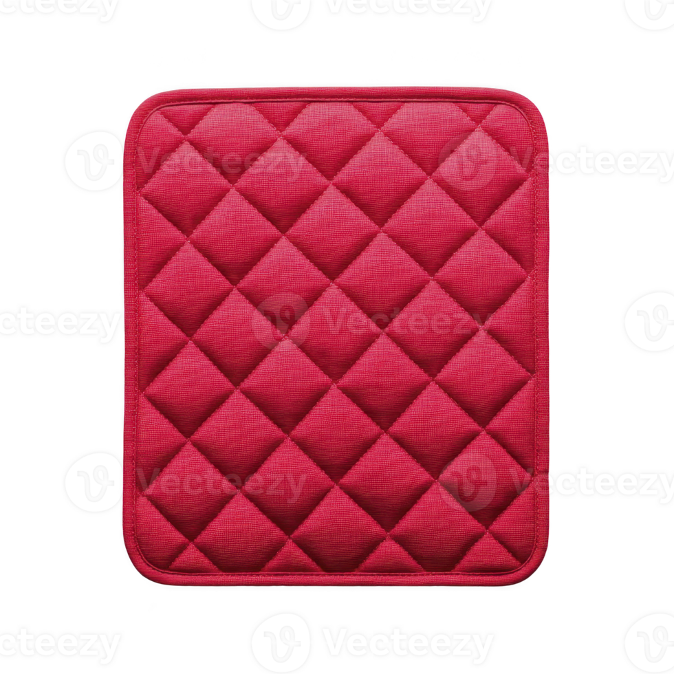 Red quilted pot holder with diamond pattern, designed for kitchen use, provides heat protection and adds pop of color to cooking spaces png