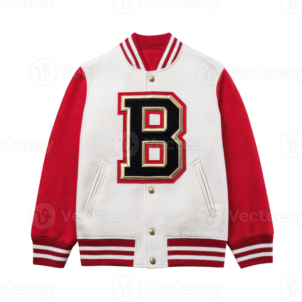 Stylish varsity jacket with bold letter B on front, featuring red sleeves and white body. jacket has striped cuffs and collar, adding classic touch png