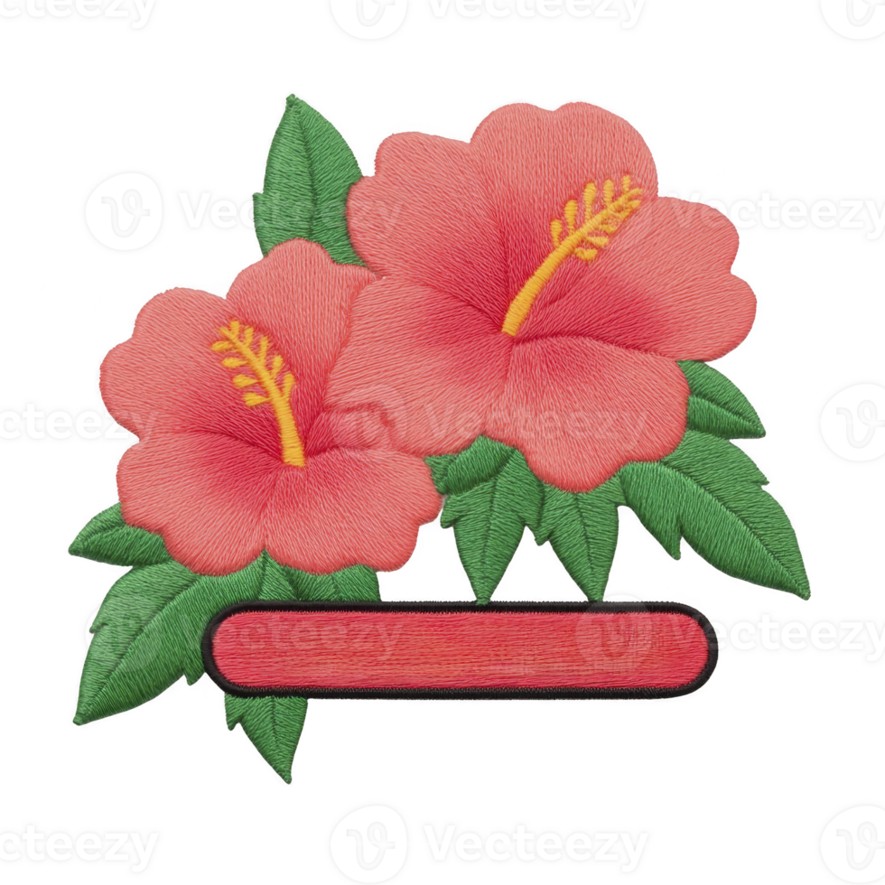 Two vibrant pink hibiscus flowers with green leaves are embroidered, showcasing intricate stitching and blank red banner below. design is colorful and decorative png