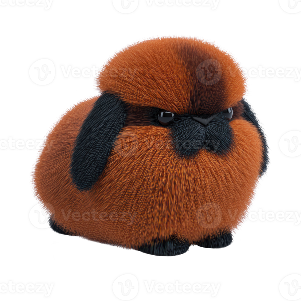 Fluffy, round, orange and black cartoon rabbit with cute expression sits against transparency background. Its exaggerated fur texture and vibrant colors give it playful and whimsical appearance png