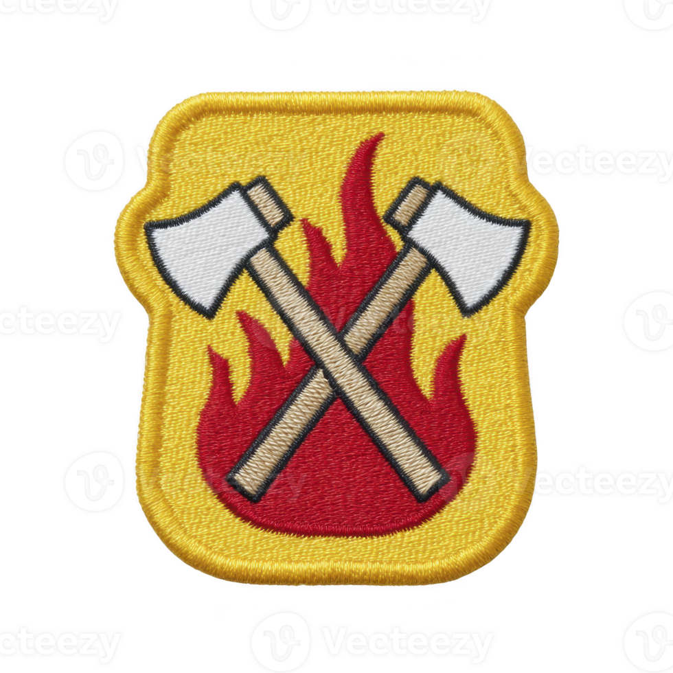 Vibrant embroidered patch features two crossed axes over red flame on yellow background, symbolizing strength and bravery png