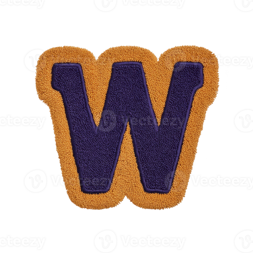 Textured letter W patch with bold purple center and orange border, often used for varsity jackets or crafts. design is simple yet striking, perfect for personalization png