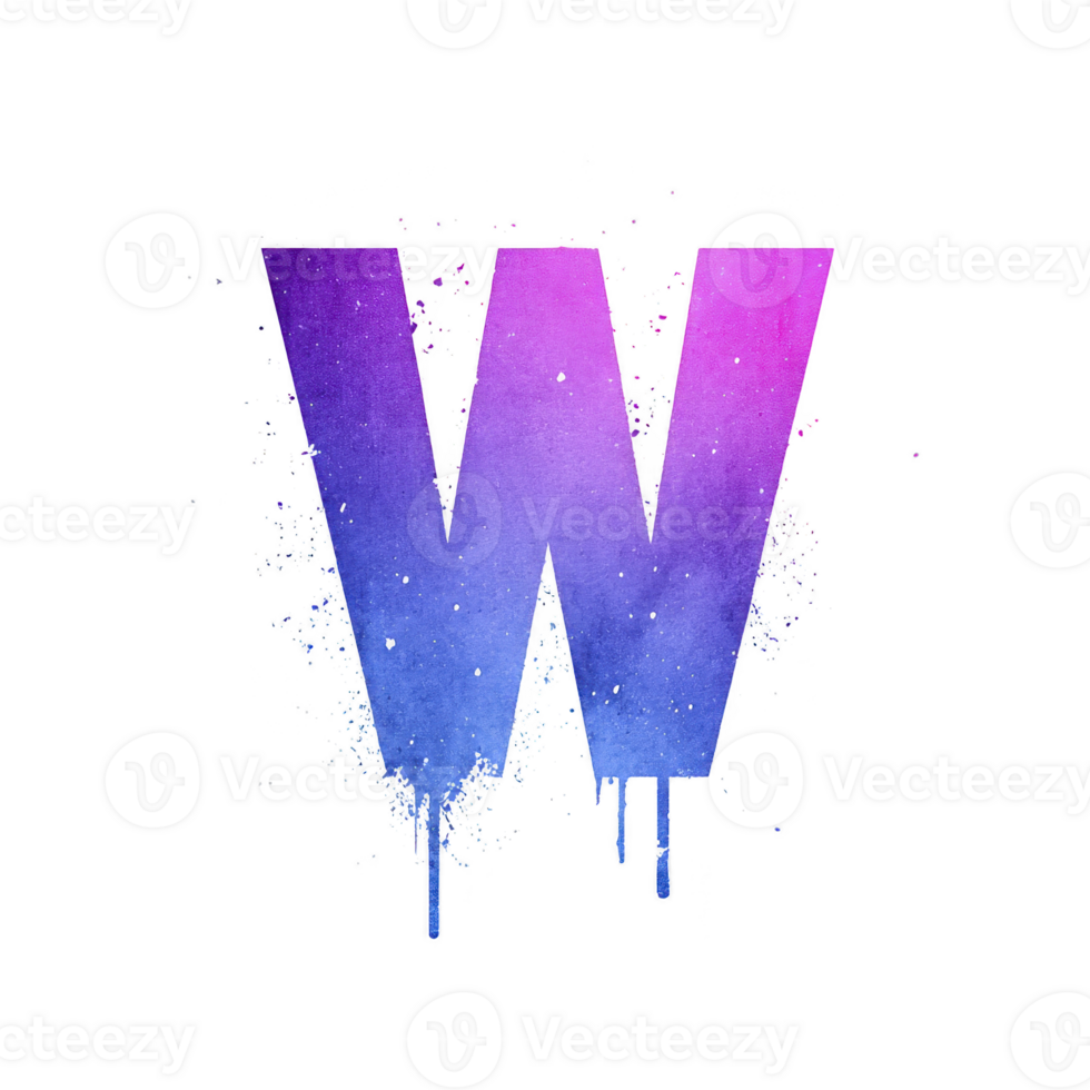 Colorful letter W with gradient of purple and blue, featuring splatter and drip effect on transparency background, creating vibrant and artistic design png