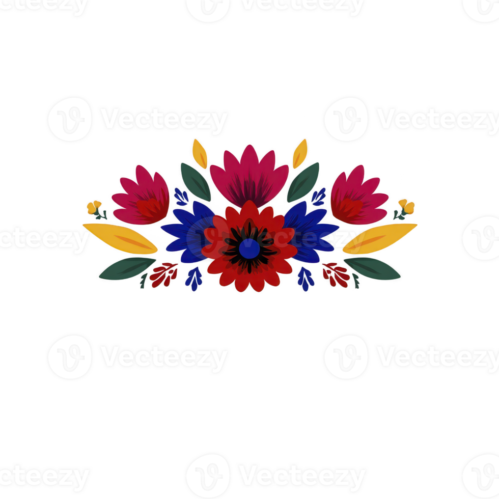 Vibrant floral design featuring red, blue, and yellow flowers with green leaves, arranged symmetrically. colorful pattern evokes sense of joy and nature beauty png