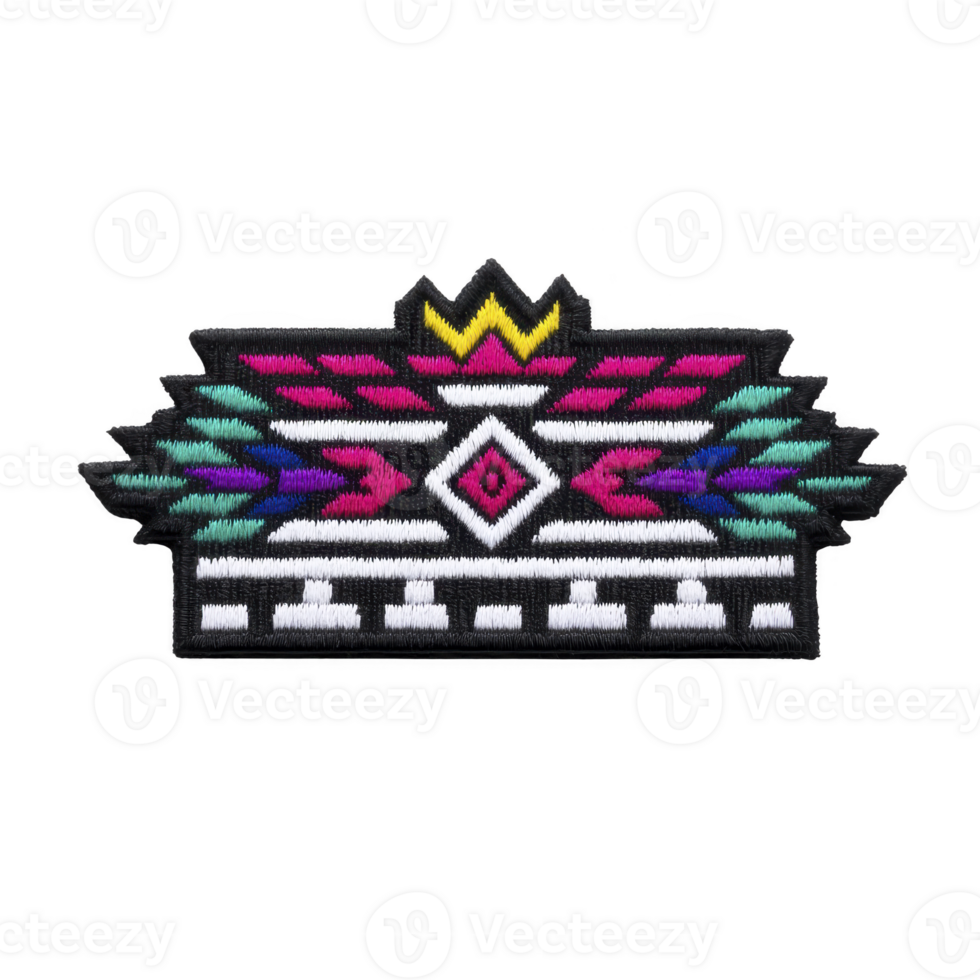 Colorful geometric embroidered patch with vibrant patterns and crown design, featuring pink, blue, and yellow accents on transparency background. Perfect for clothing or accessories png