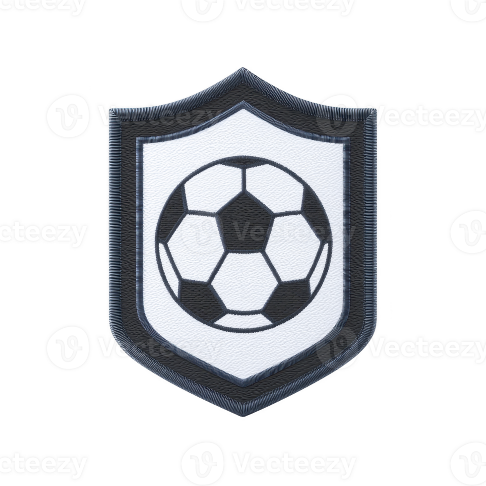 Black and white soccer ball emblem is centered on shield shaped patch, symbolizing sports and teamwork. design is simple and bold, ideal for athletic branding png