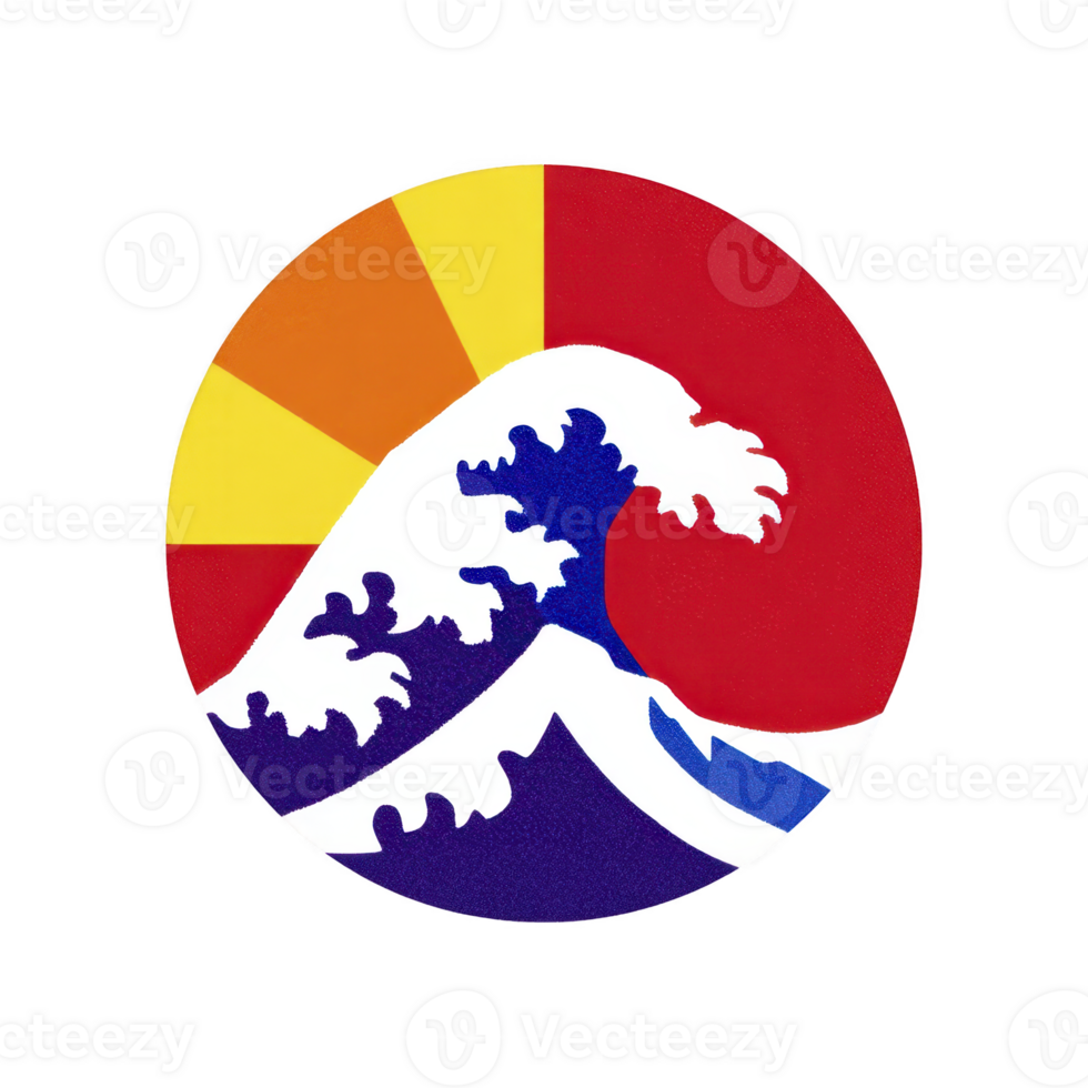Stylized wave design is set against vibrant background featuring red sun and orange yellow rays, evoking sense of energy and movement. circular composition adds harmony png