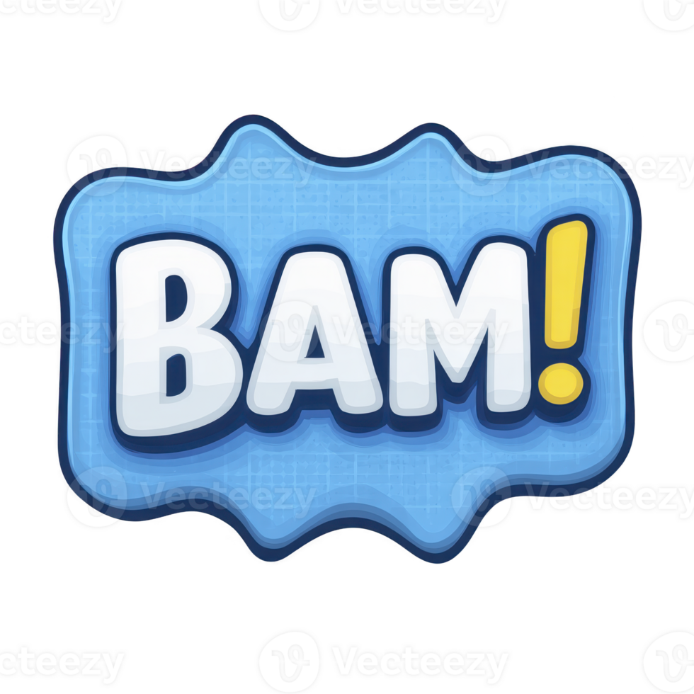 This features bold, comic style BAM text with exclamation mark on blue, wavy background, conveying dynamic and energetic expression png