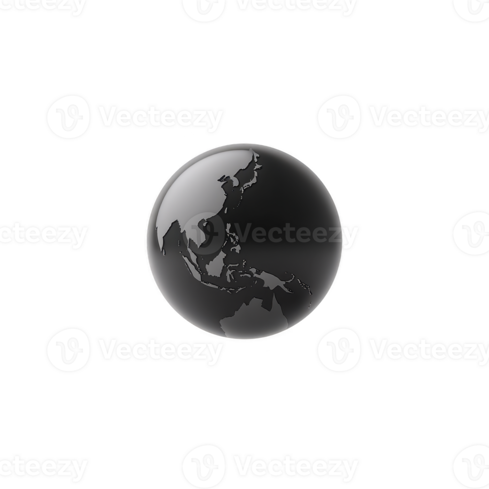 Shiny black and gray globe with focus on Asia and Australia, set against transparent background, conveys modern and sleek design png