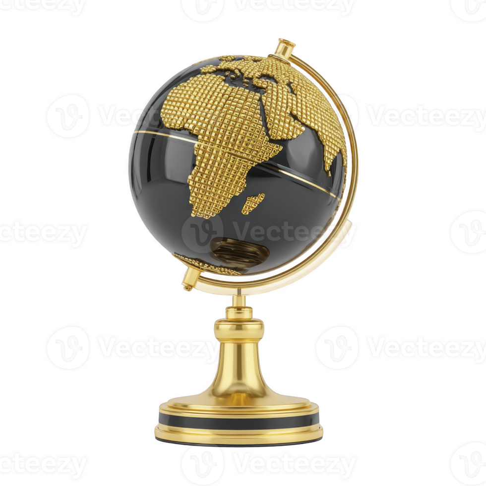 Luxurious black and gold globe with detailed map design stands elegantly on matching gold base, symbolizing global exploration and sophistication png