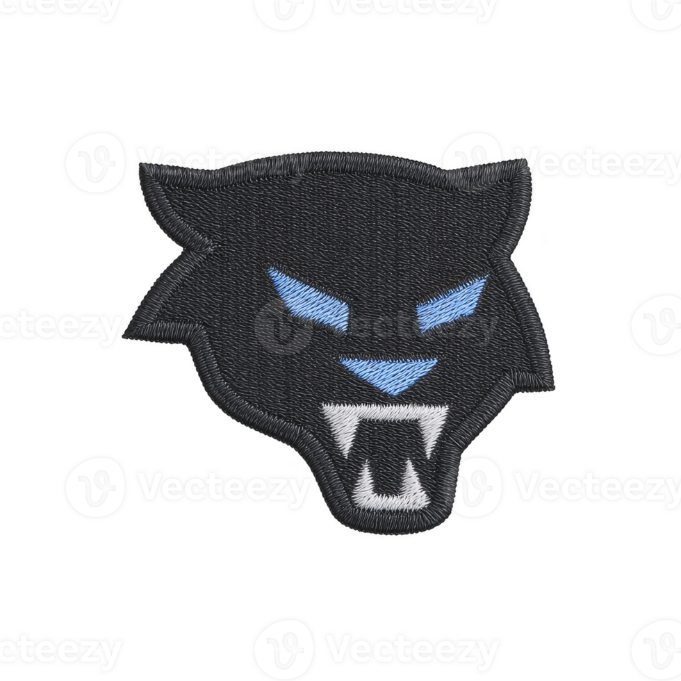 Fierce black panther head patch with blue eyes and white fangs, showcasing bold embroidery on transparency background. design is striking and ideal for clothing or accessories png