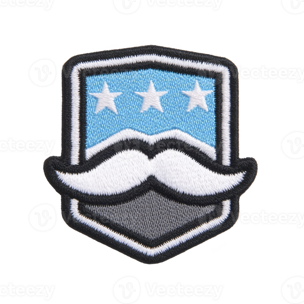 Shield shaped embroidered patch features white mustache and three stars on blue background, symbolizing authority and style png