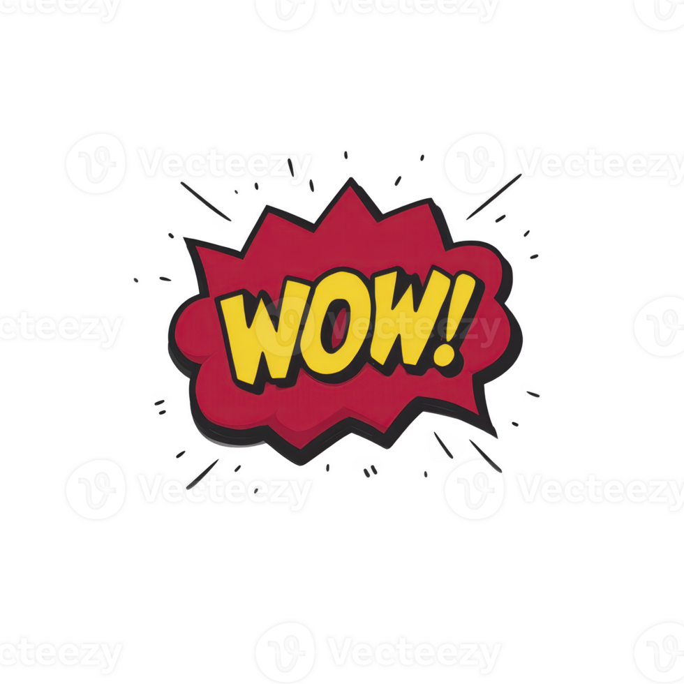 Comic style WOW text in bold yellow letters with red explosion background, conveying excitement and surprise. design features playful, dynamic look typical of pop art graphics png