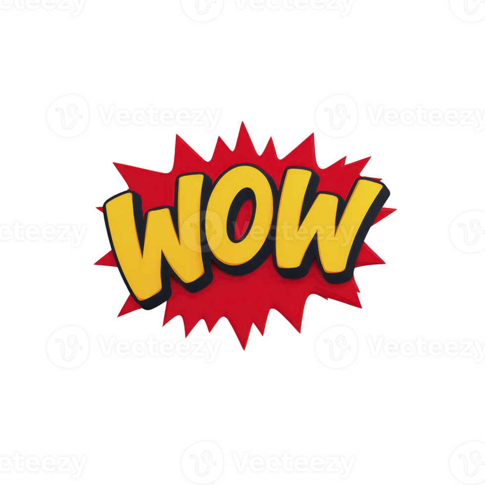 Vibrant comic style WOW text with red burst background, conveying excitement and surprise. bold yellow letters stand out against dynamic red starburst, creating playful and energetic effect png