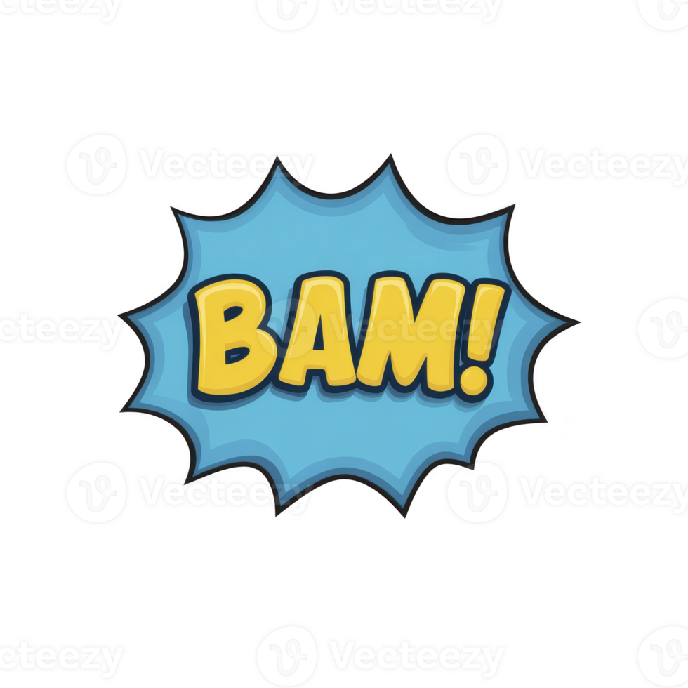 Comic style BAM text in bold yellow letters with blue starburst background, conveying excitement and impact. Perfect for adding dynamic touch to designs png