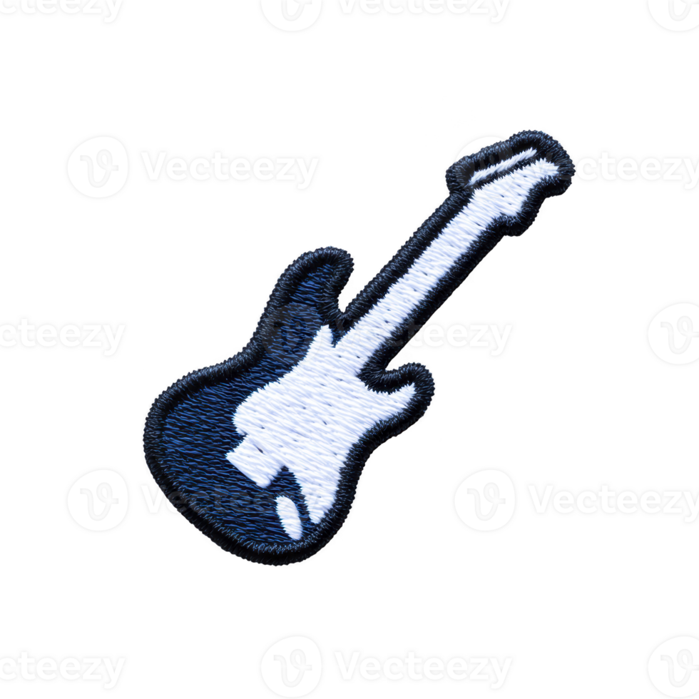 Blue and white embroidered guitar patch with black outline, showcasing stylized electric guitar design. patch is isolated on transparency background, highlighting its intricate stitching png