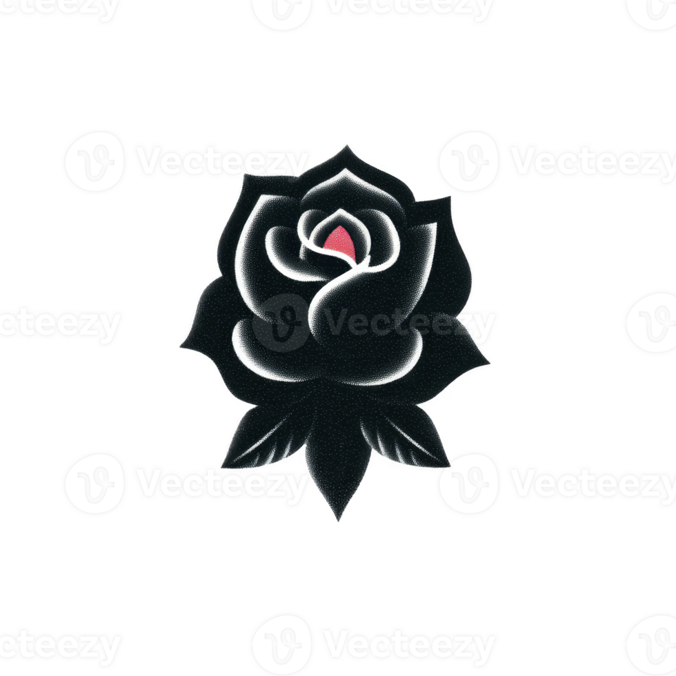 Black rose tattoo design with hint of red in center, showcasing bold and mysterious aesthetic. design features sharp lines and stylized appearance png
