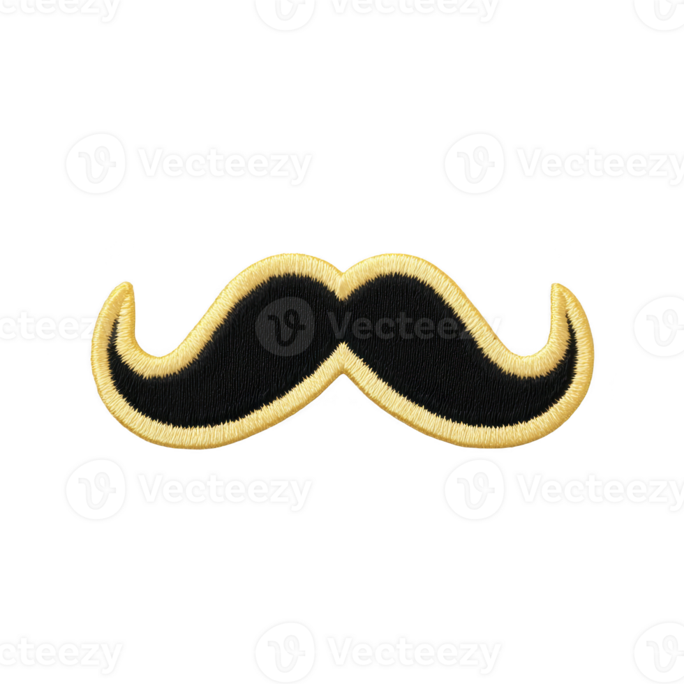 Black mustache patch with yellow embroidered border, isolated on transparency background. patch has classic curled design, often associated with vintage or retro styles png