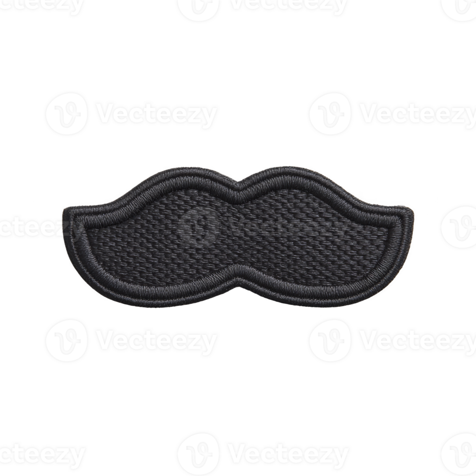 Black embroidered mustache patch with textured surface, perfect for clothing decoration or DIY projects. patch has playful and stylish design, ideal for adding fun touch to garments png