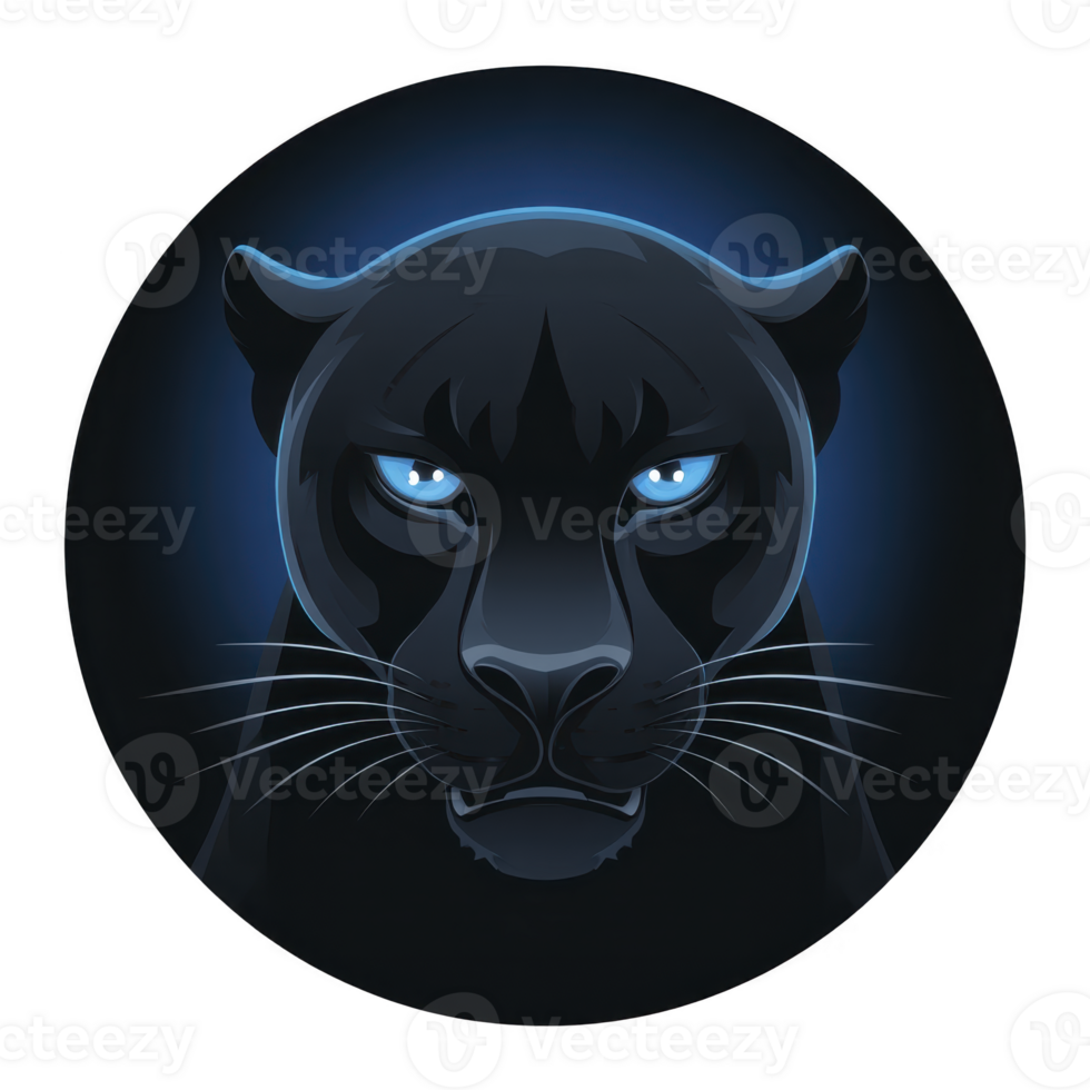 Sleek, glowing panther face with piercing blue eyes is set against dark circular background, creating mysterious and powerful aura. illustration emphasizes strength and elegance png