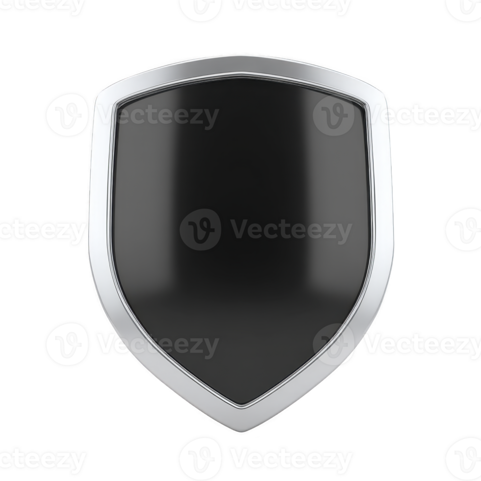 Sleek, modern shield with glossy black surface and silver border, symbolizing protection and security. minimalist design conveys strength and elegance png