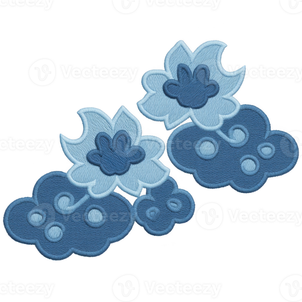 Blue embroidered floral design with cloud motifs, featuring intricate stitching and layered textures. pattern combines light and dark blue shades, creating harmonious and artistic appearance png