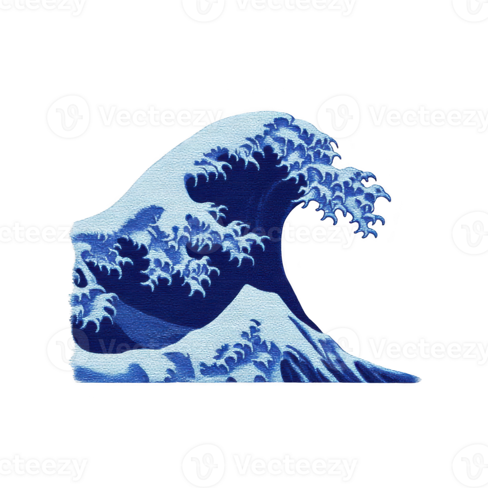 Stylized illustration of large, dramatic ocean wave with intricate details and shades of blue, reminiscent of traditional Japanese art. wave appears dynamic and powerful png