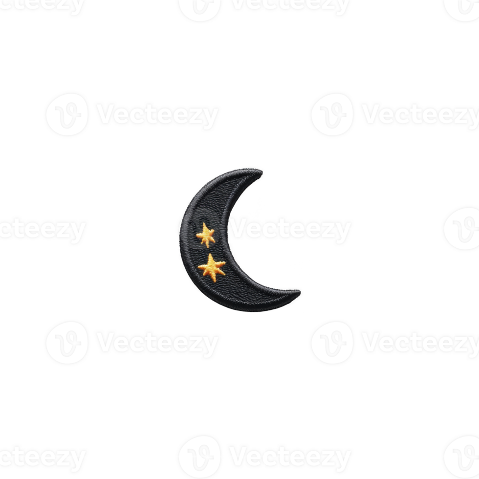 Black crescent moon with two golden stars creates mystical and celestial design, evoking sense of wonder and night time magic png
