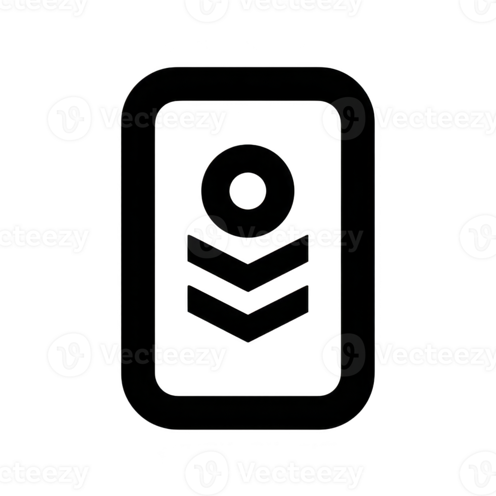 This features black and white icon of stylized badge with circle and two downward chevrons inside rectangular border. design is simple and modern, suitable for use digital interfaces or graphic png