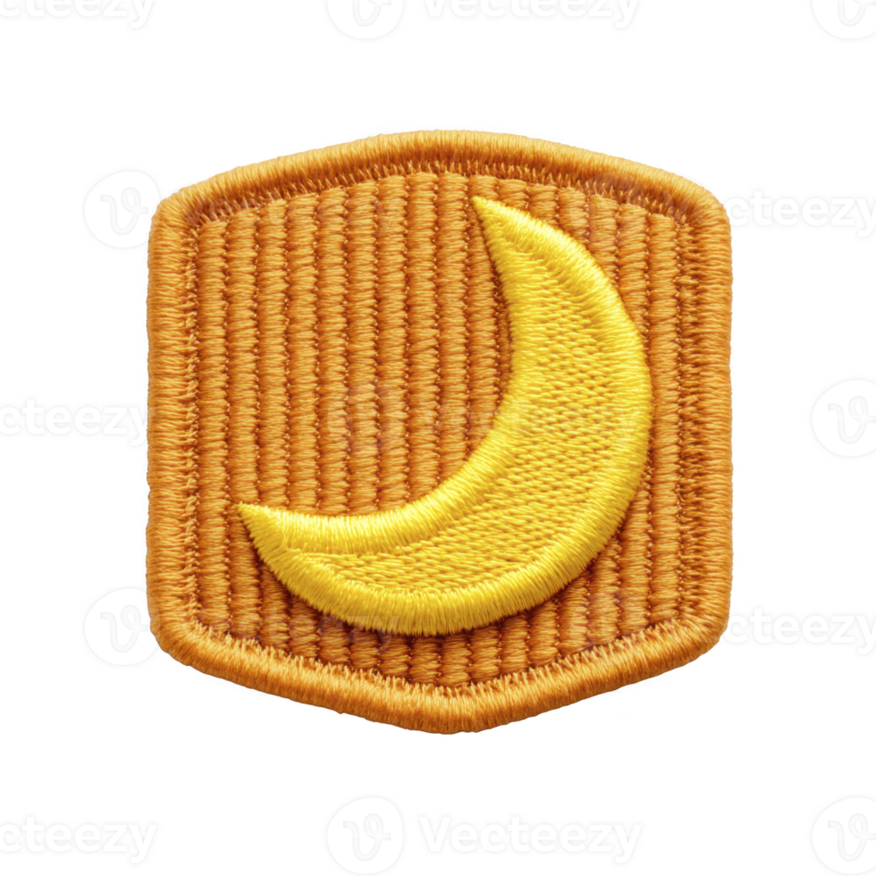 amarelo crescente lua é bordado em laranja tecido fragmento com texturizado fundo, criando vibrante e olho pegando Projeto. fragmento tem hexagonal forma e costurado fronteira png