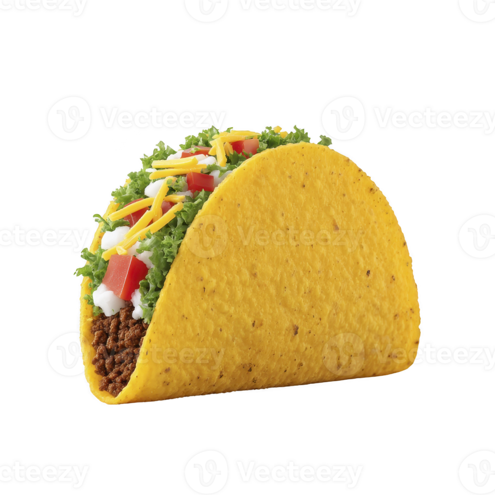 Crunchy taco shell filled with seasoned ground beef, fresh lettuce, diced tomatoes, shredded cheese, and dollop of sour cream, creating vibrant and appetizing meal png