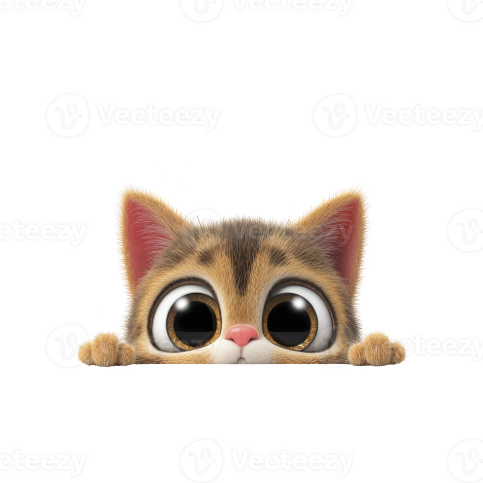 Cute animated cat with large eyes peeks over surface, displaying curiosity and playfulness. cat fur is mix of brown and beige, with pink ears adding to its adorable appearance png