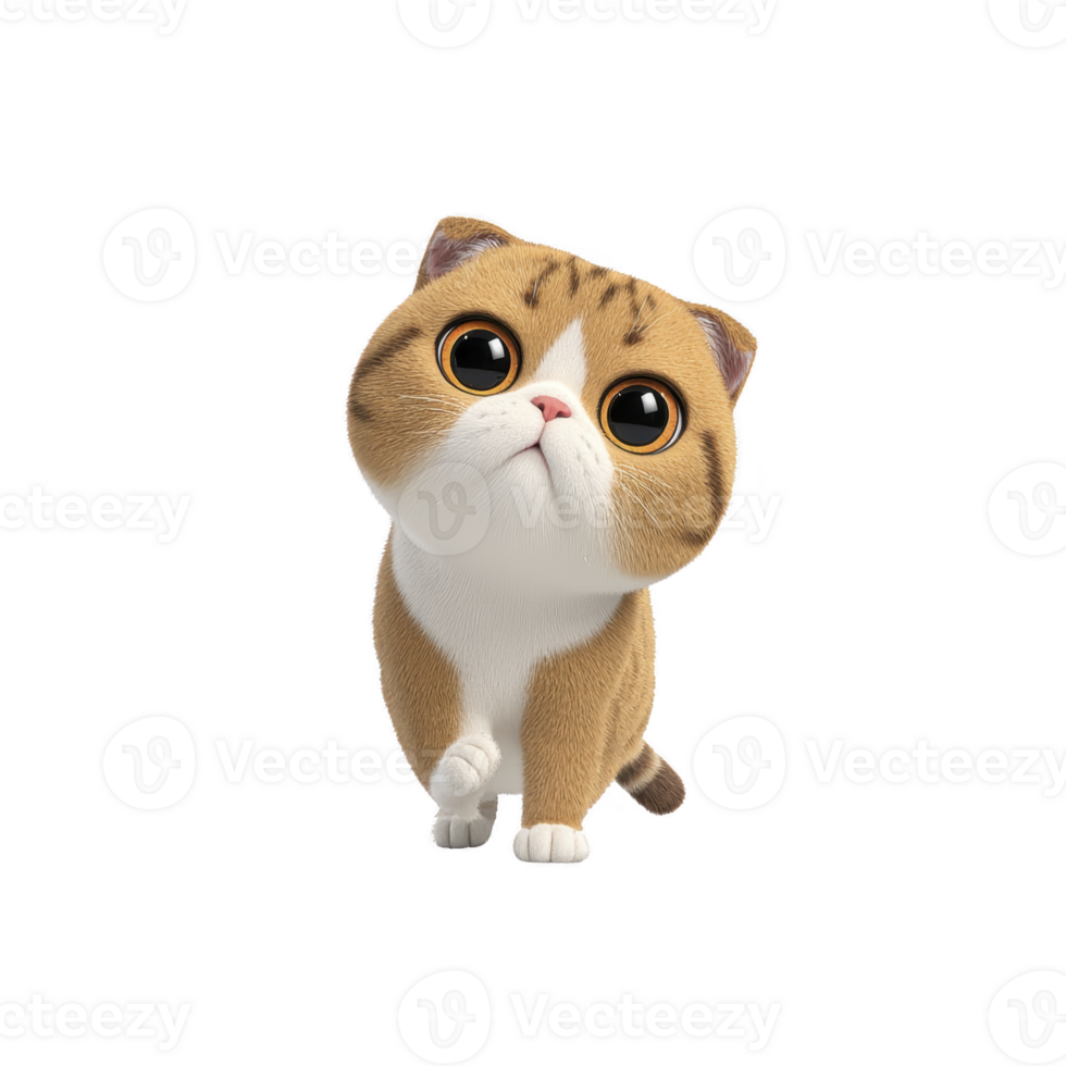 Cute animated cat with large eyes and curious expression stands on its hind legs, looking upwards. cat has round face and fluffy tail, adding to its adorable appearance png