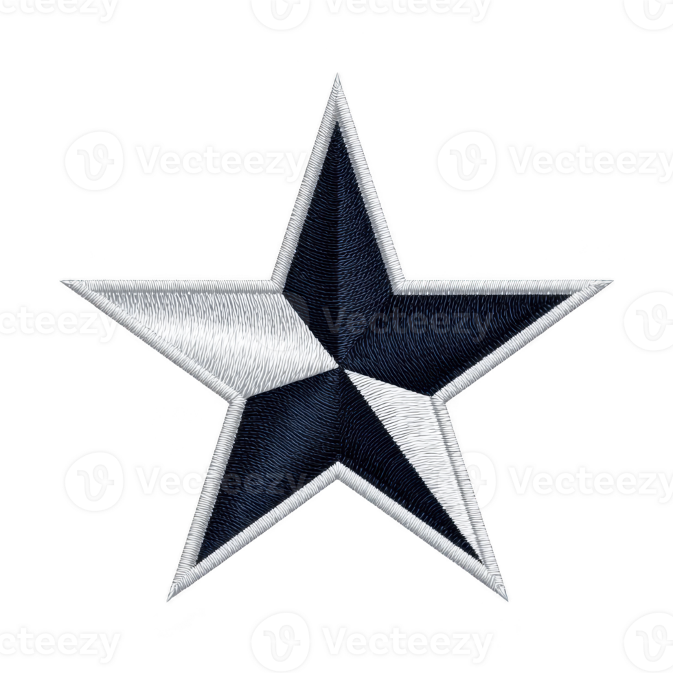 Five pointed star with metallic appearance is depicted, featuring shades of silver and dark blue. star has textured, embroidered look, giving it three dimensional effect png