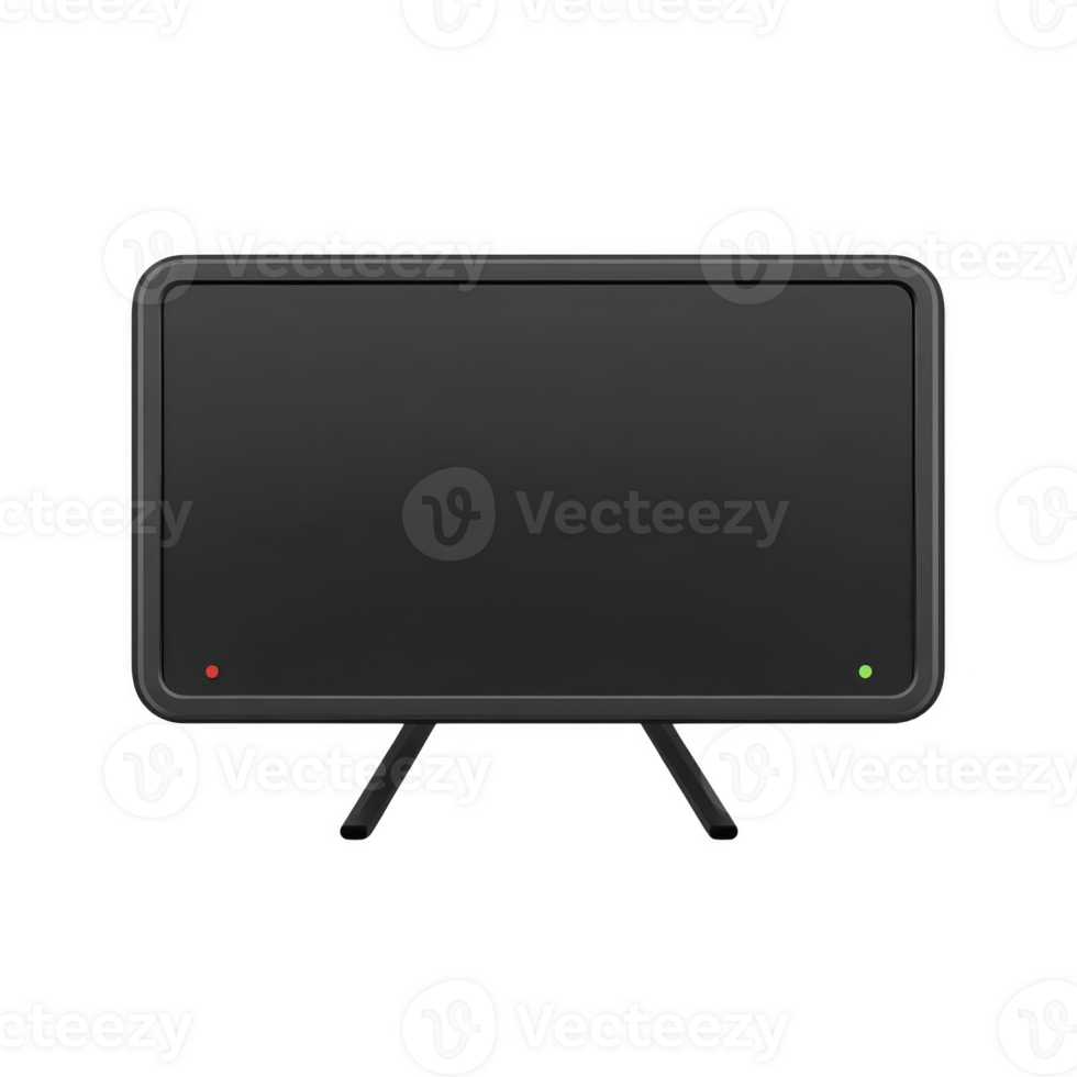 Sleek black flat screen television with minimalist design, featuring rectangular shape and two small indicator lights at bottom. TV is supported by two angled legs png