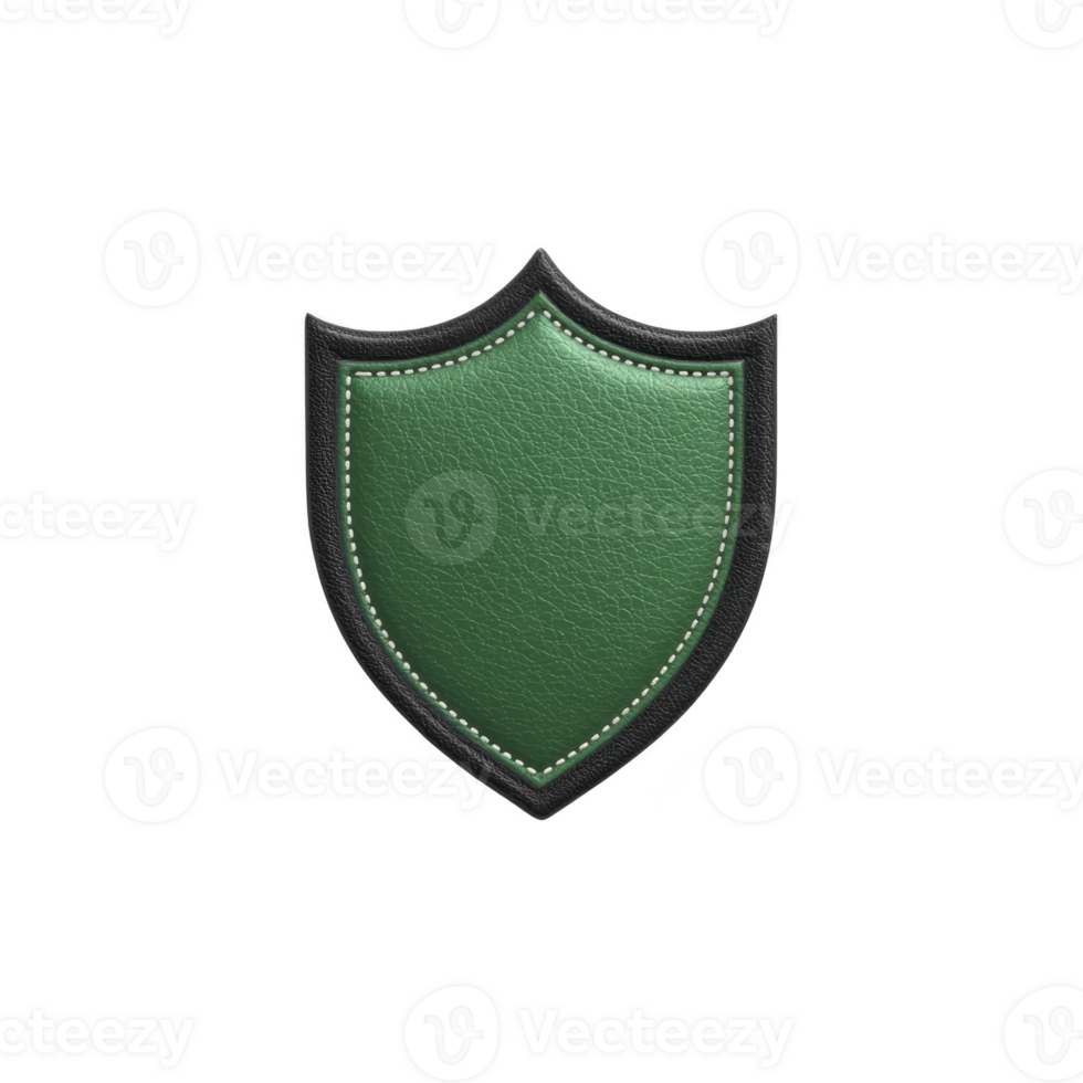 Green leather shield with black border and stitching, symbolizing protection and security. texture and color give it classic and elegant appearance, suitable for various design themes png