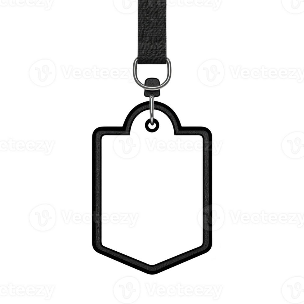 Black lanyard with metal clip holds empty, transparent badge holder, ready for customization. minimalist design is suitable for events or identification purposes png