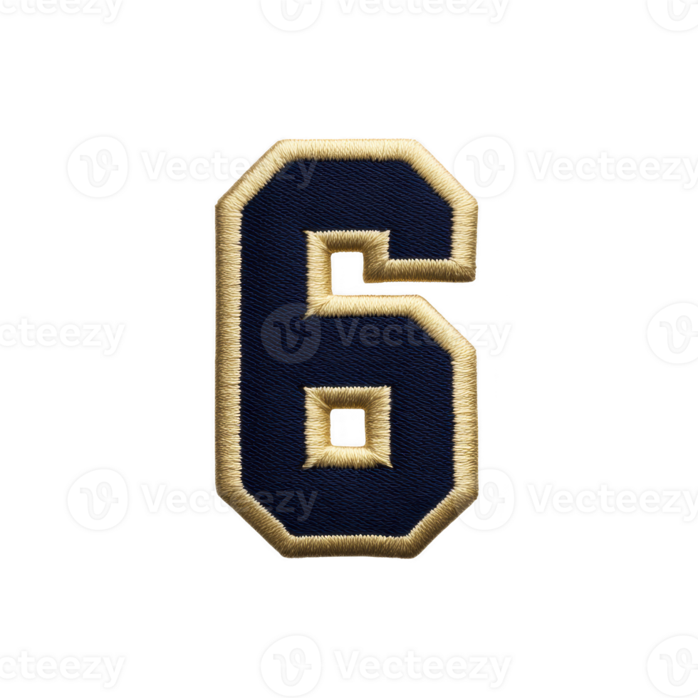 Navy blue and gold embroidered number six patch on transparency background, showcasing bold and classic design png
