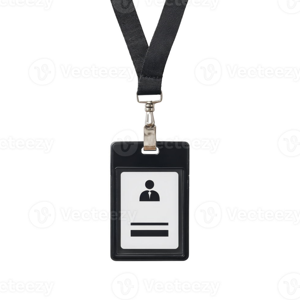Black lanyard with blank ID badge holder featuring simple icon of person and lines for text, ideal for office or event use png