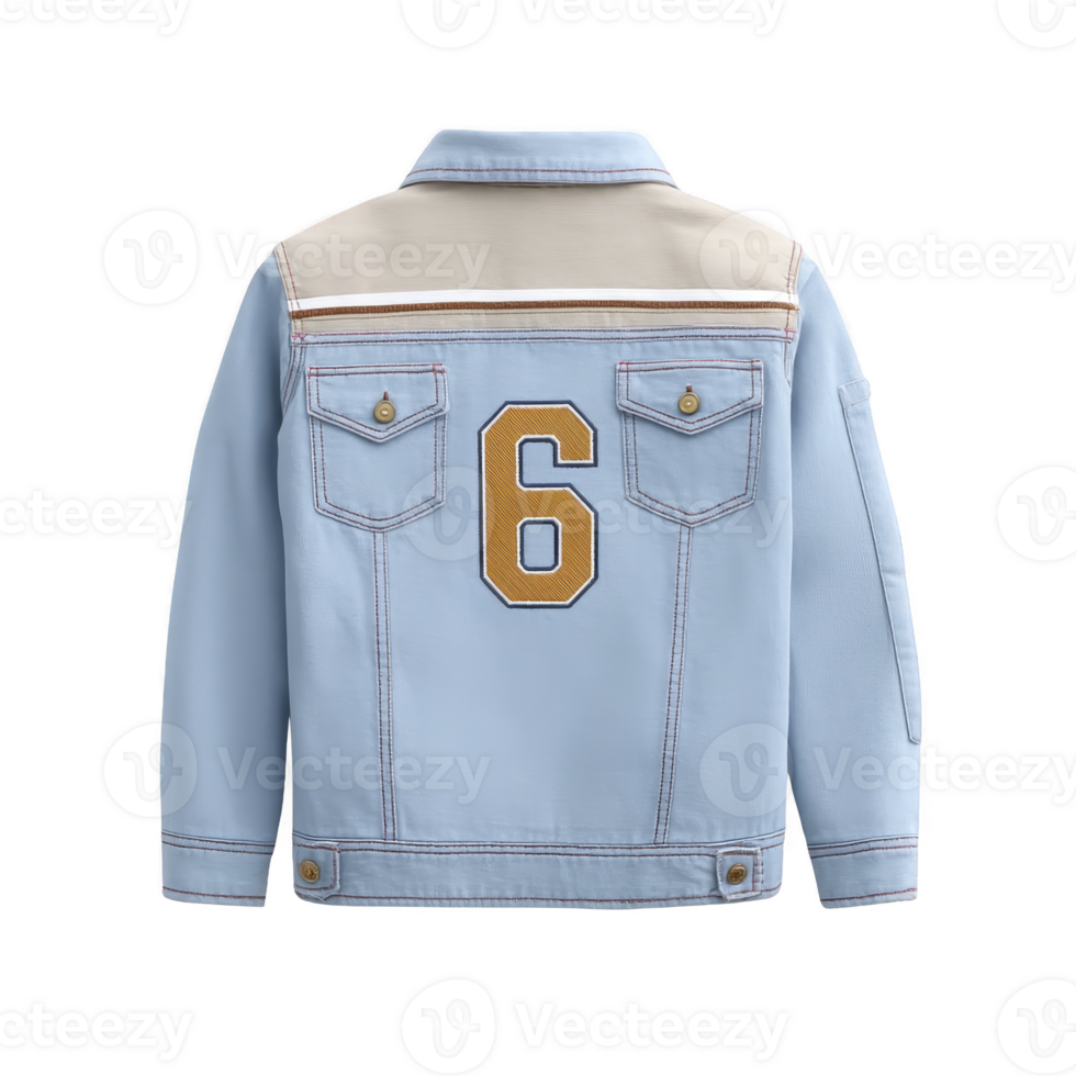 Light blue denim jacket with beige yoke and large yellow number six on back, featuring buttoned pockets and casual style png