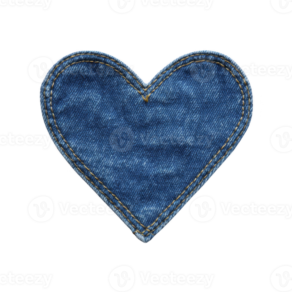 Heart shaped denim patch with visible stitching creates rustic and charming look, perfect for adding touch of style to clothing or accessories png