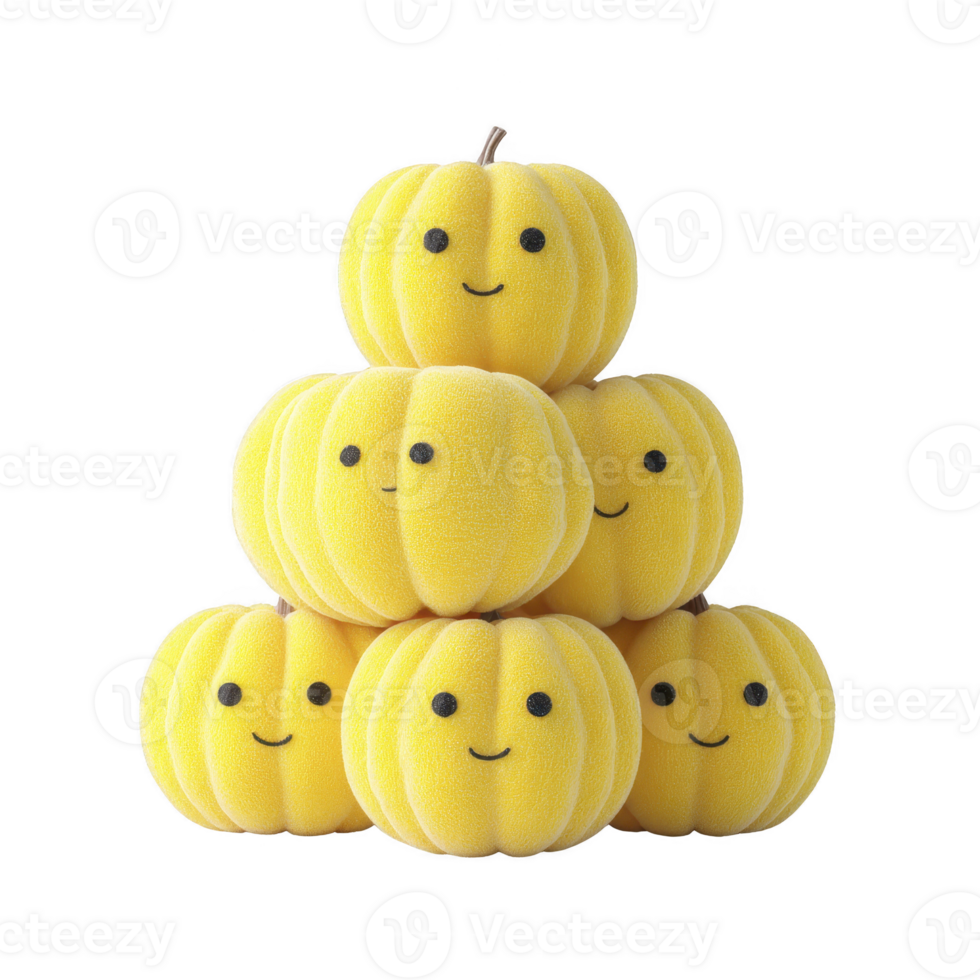 Stack of cute, smiling yellow pumpkins arranged in pyramid shape, each with cheerful expression, creating playful and whimsical autumn display png