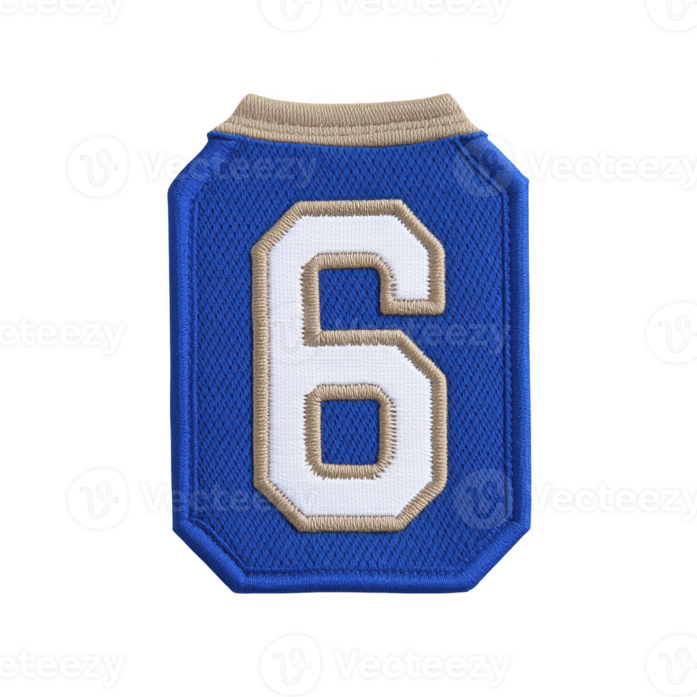 Blue embroidered patch featuring number six with beige and white accents, often used for sports jerseys or team uniforms. patch has rectangular shape with rounded corners png