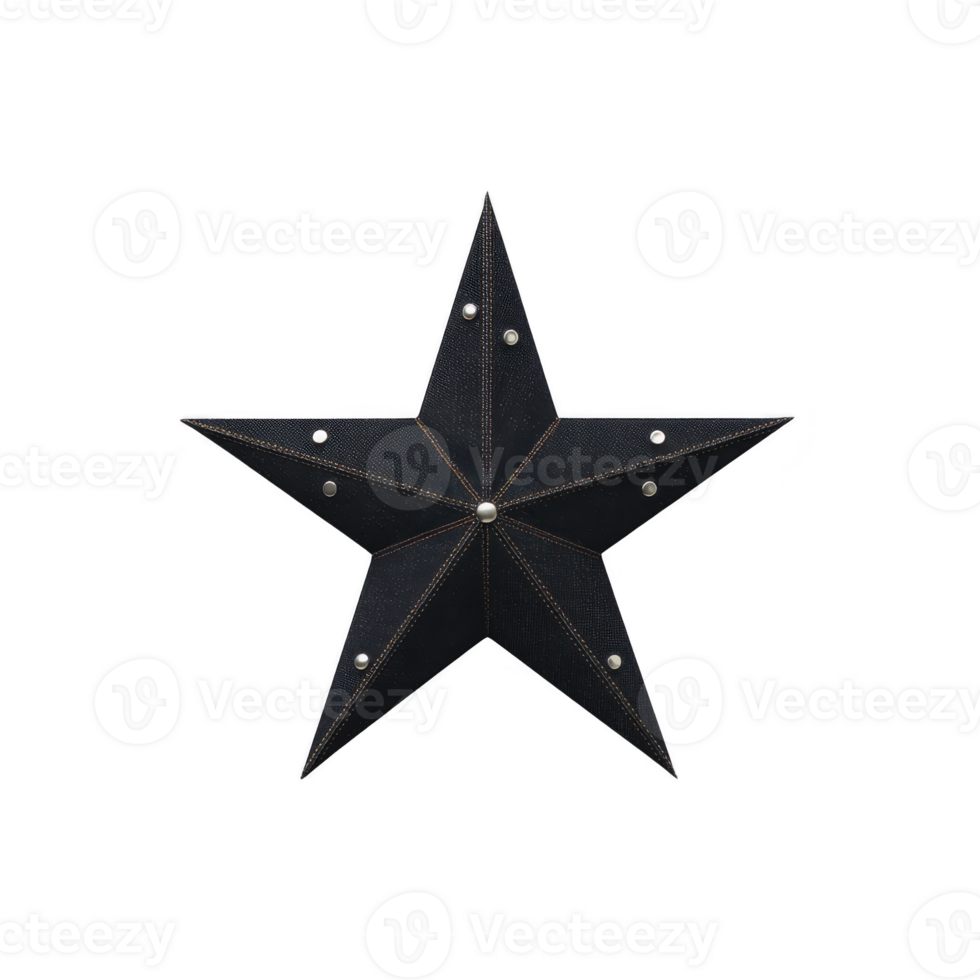 Black metal star with rustic design and visible rivets, creating vintage and industrial look. star has symmetrical five point shape, often used in home decor png