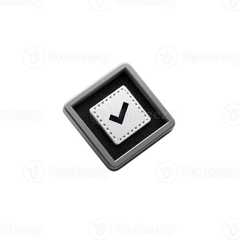 3D checkmark icon with black and white color scheme, featuring square design and stitched border, symbolizing approval or completion png