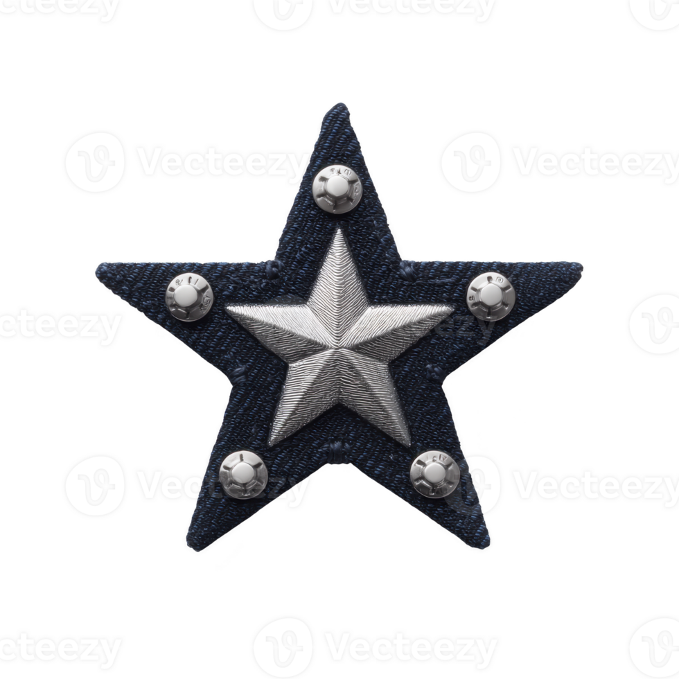 Metallic star badge with central silver star and rivets on each point, symbolizing authority and strength. design is bold and striking, often associated with law enforcement or military insignia png