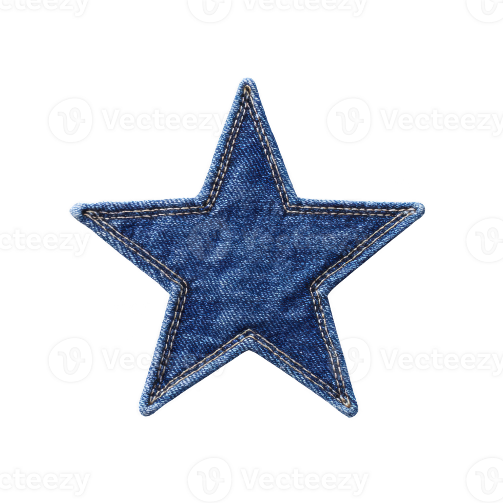 Blue denim star patch with visible stitching, isolated on transparency background, showcasing textured fabric design png